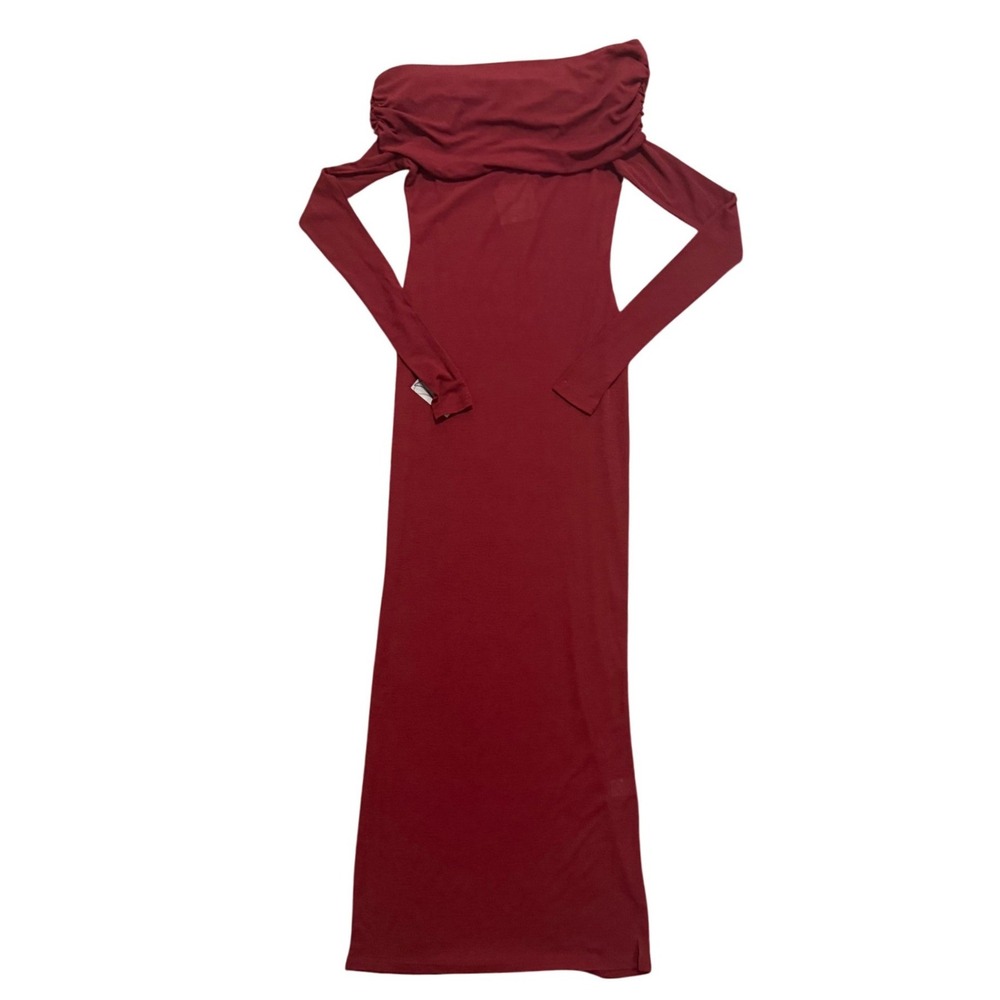 NWT Superdown Chantal Sheer Gown Wine Red Off Shoulder Maxi Dress Long Sleeve M - Picture 4 of 9